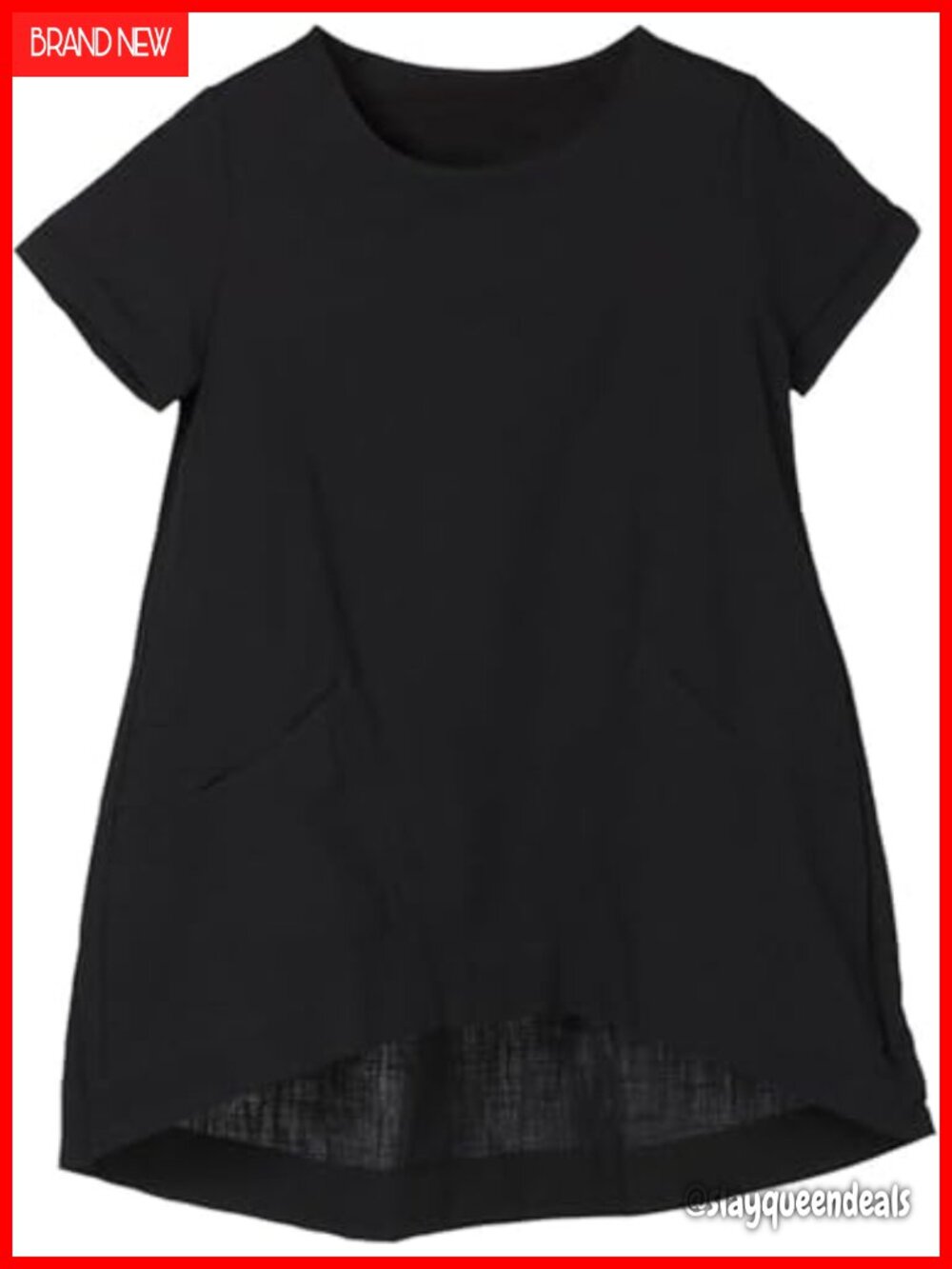 Cotton Linen Short Sleeve Tunic Top with Pockets Loose Fit Crew Neck
